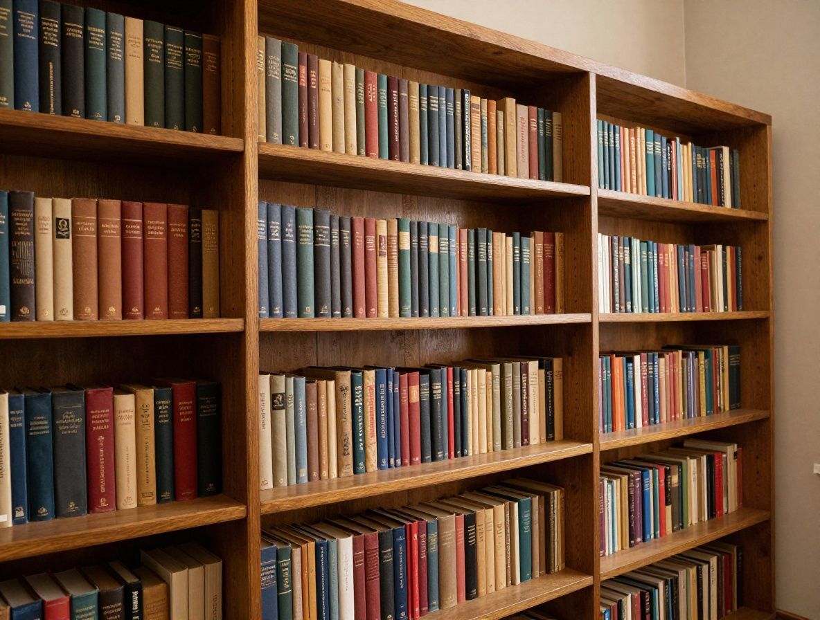 Interior de una biblioteca antigua con estanterías de madera repletas de libros, simbolizando el conocimiento y la investigación, iluminada por una luz suave y cálida que crea sombras profundas sobre los volúmenes