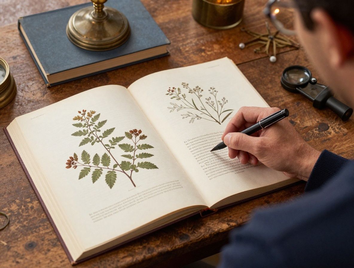 Mesa de estudio con libros de botánica abiertos, muestras de plantas secas y lupas sobre madera envejecida, iluminada por lámpara de escritorio cálida, atmósfera académica e investigadora