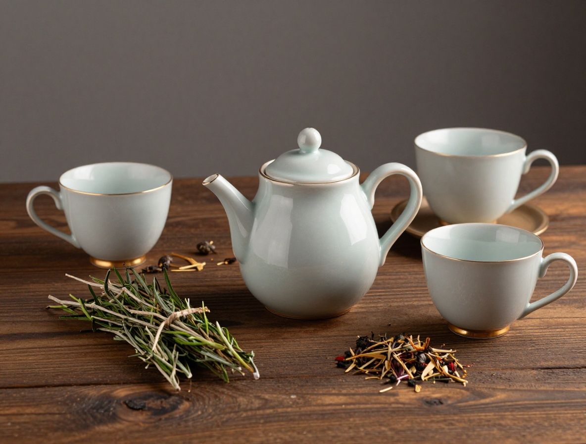 Ceremonia del té con tetera de cerámica artesanal, tazas de porcelana y hierbas aromáticas secas sobre superficie de madera oscura, iluminación tenue y cálida, ambiente contemplativo